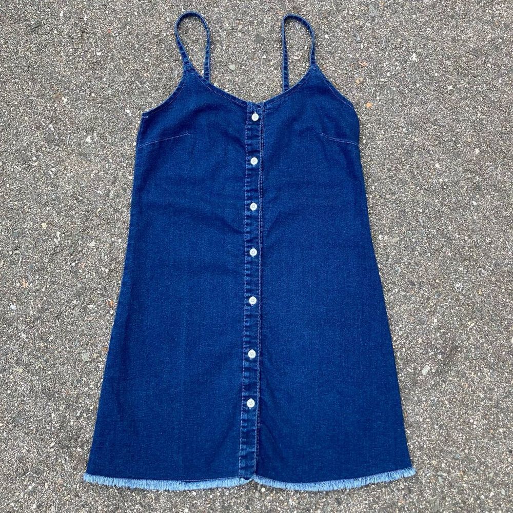 Denim Button Down Mini Dress Spaghetti Straps Fringe Hem 90’s Y2K Style JR Small